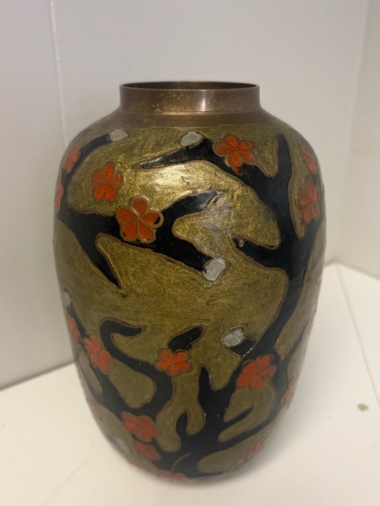 Other - Vintage Heavy Brass Vase with Handpainted Flower Design 9” Tall GVC